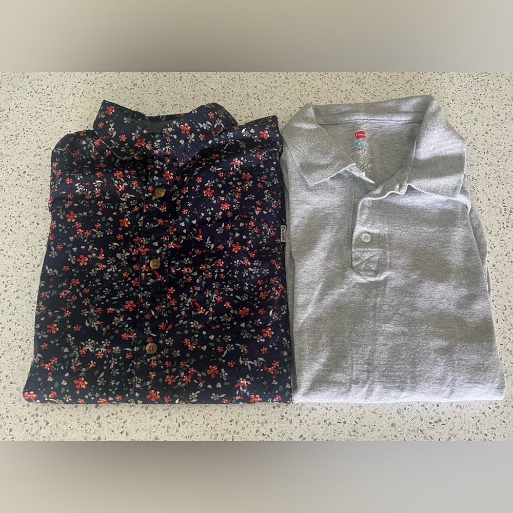 Men’s short sleeve floral, button-down, and short sleeve gray polo